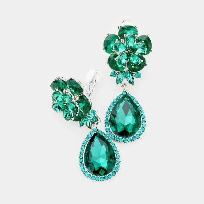 Flower Emerald Green Crystal Teardrop Dangle Clip on Earrings