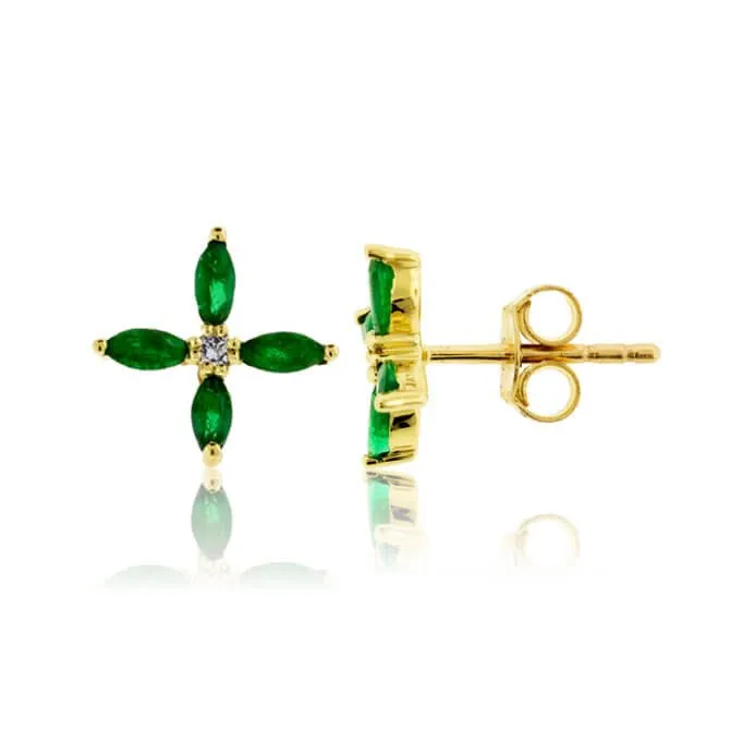 Four Marquise Shaped Emerald Gold Stud Earrings