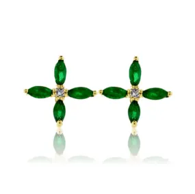 Four Marquise Shaped Emerald Gold Stud Earrings