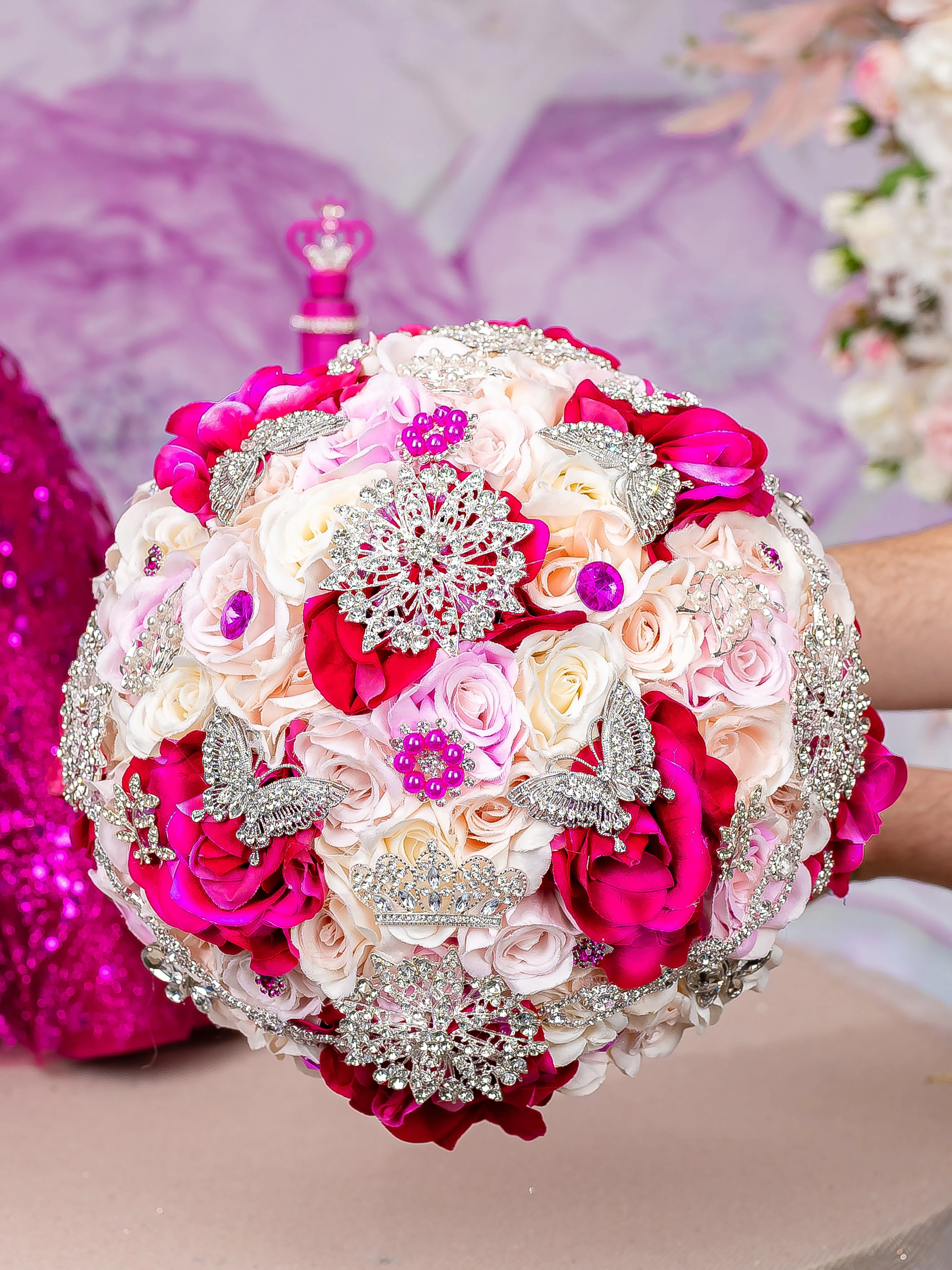 Fuchsia with silver Quinceanera Bouquet 13 inches