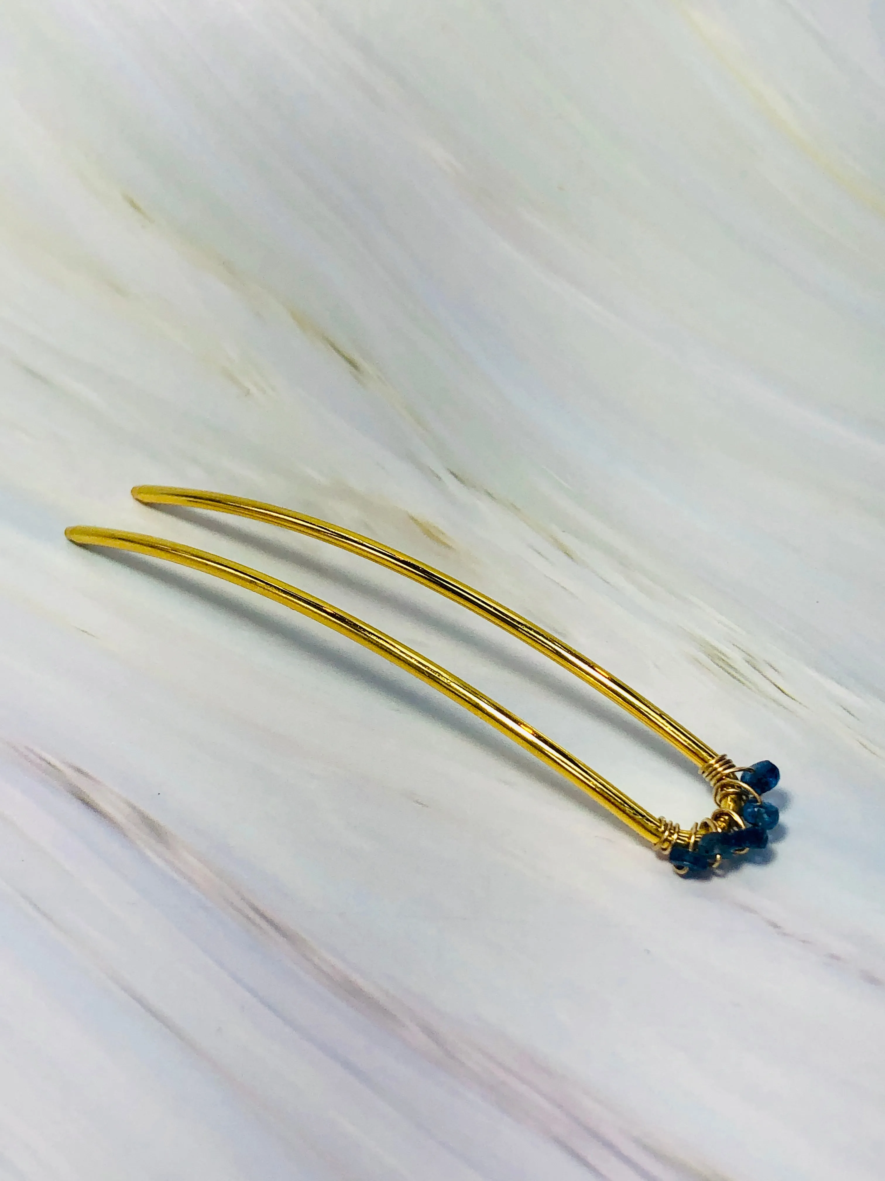 Genuine Sapphire Gemstone Hair Pin, Luxury Hair Accessory, Sapphire Hair Fork, Gold Wedding hair stick