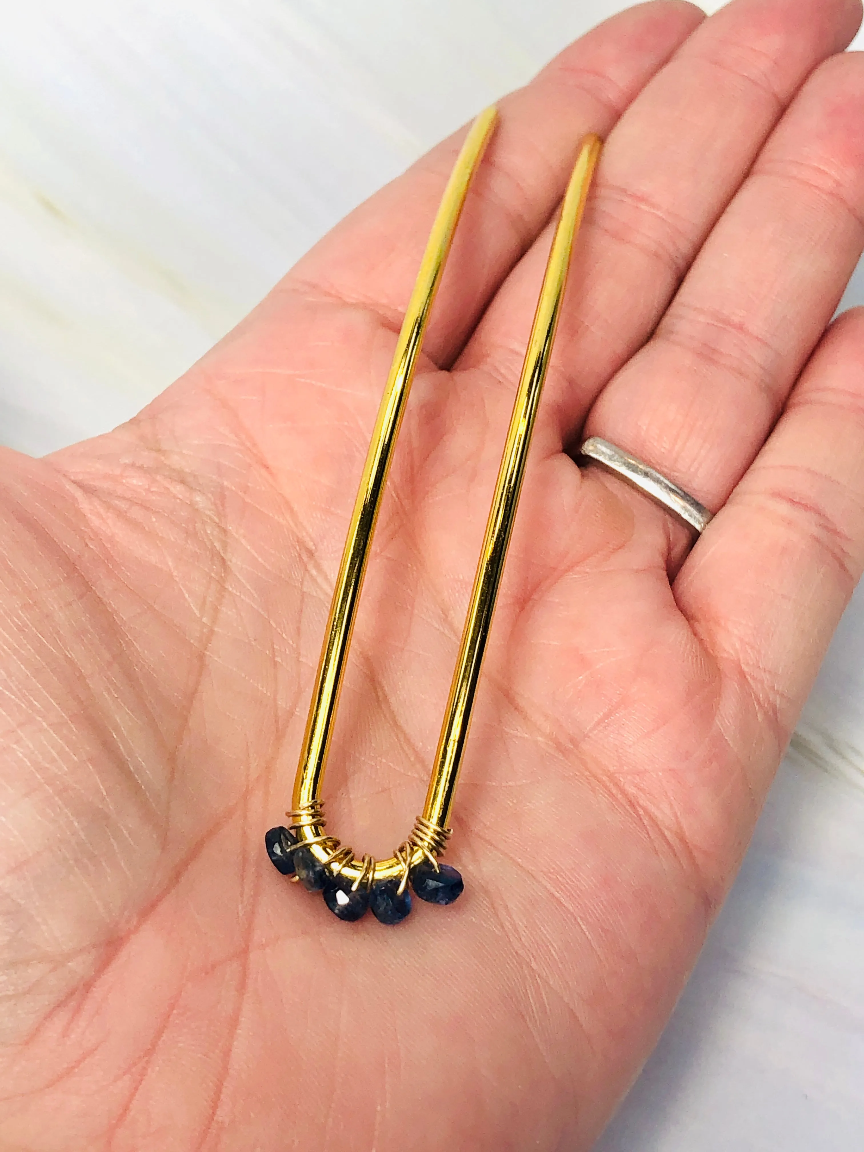 Genuine Sapphire Gemstone Hair Pin, Luxury Hair Accessory, Sapphire Hair Fork, Gold Wedding hair stick