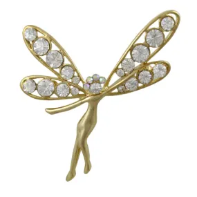 Gold and Crystal Fairy with Large Wings Brooch Pin - PRF271