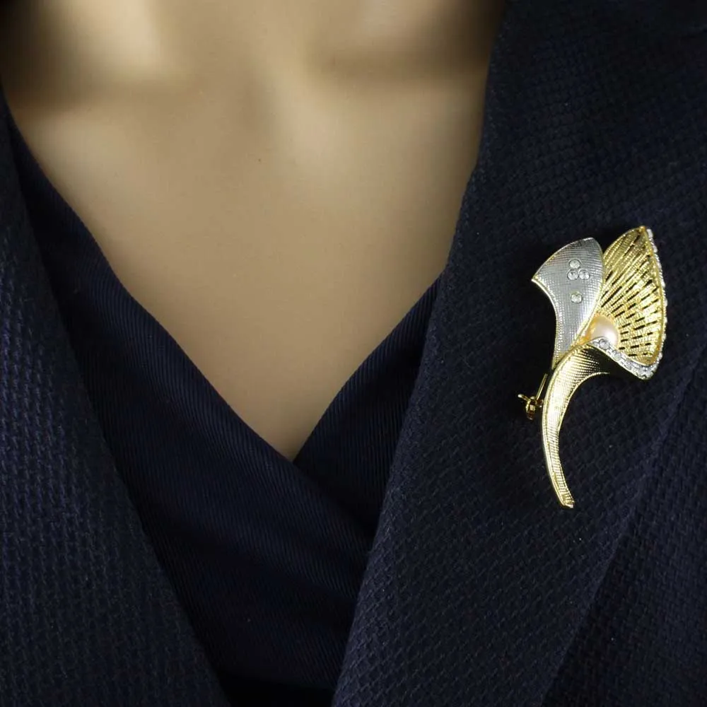 Gold and Silver Tulip with Light Yellow Pearl Brooch Pin - PRP702