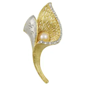 Gold and Silver Tulip with Light Yellow Pearl Brooch Pin - PRP702