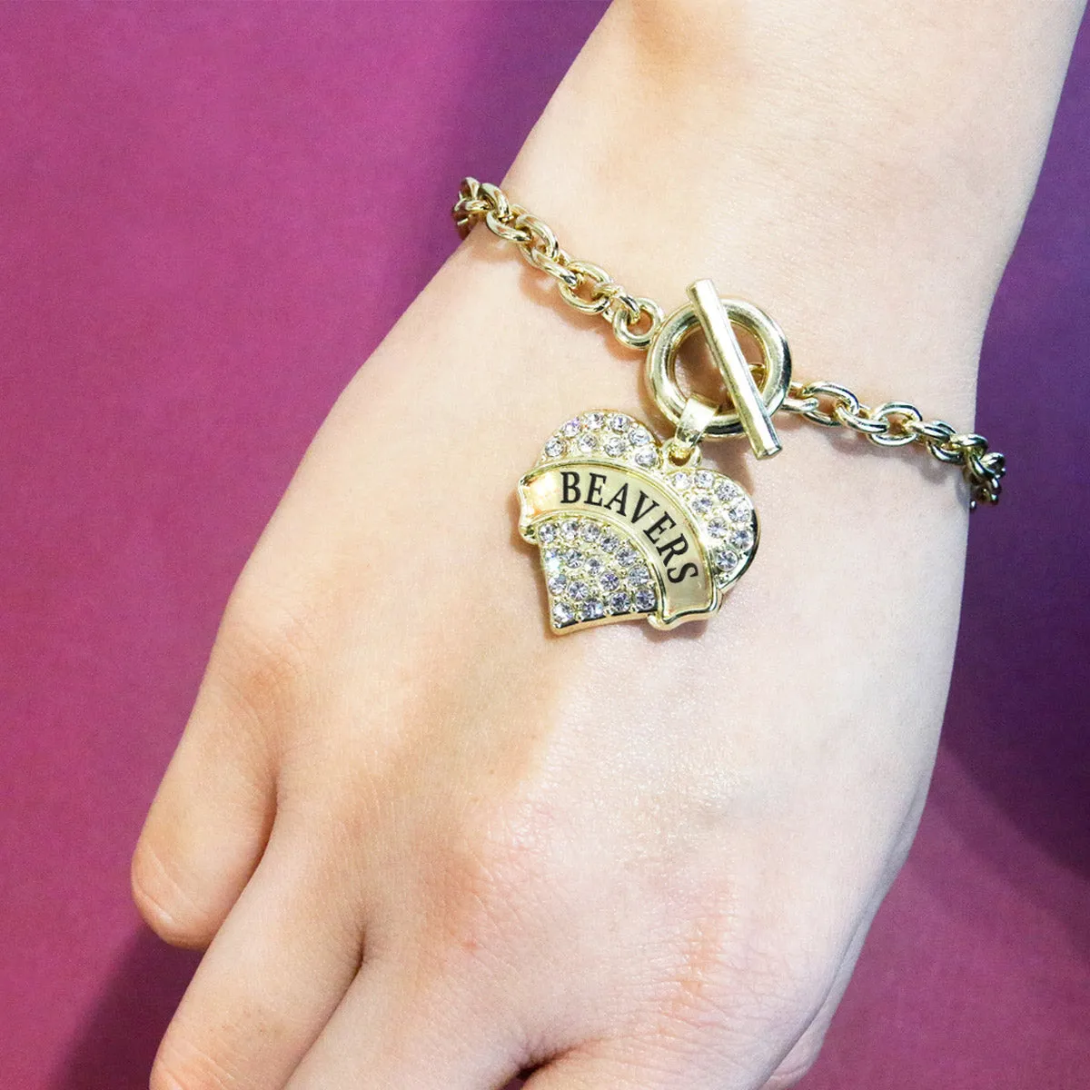 Gold Beavers Pave Heart Charm Toggle Bracelet