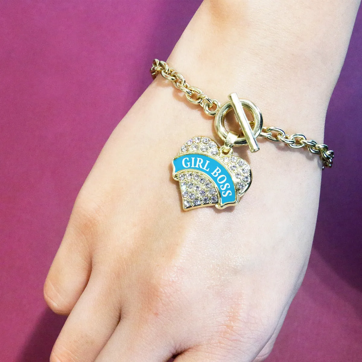 Gold Blue Girl Boss Pave Heart Charm Toggle Bracelet