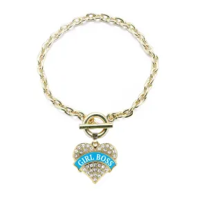 Gold Blue Girl Boss Pave Heart Charm Toggle Bracelet