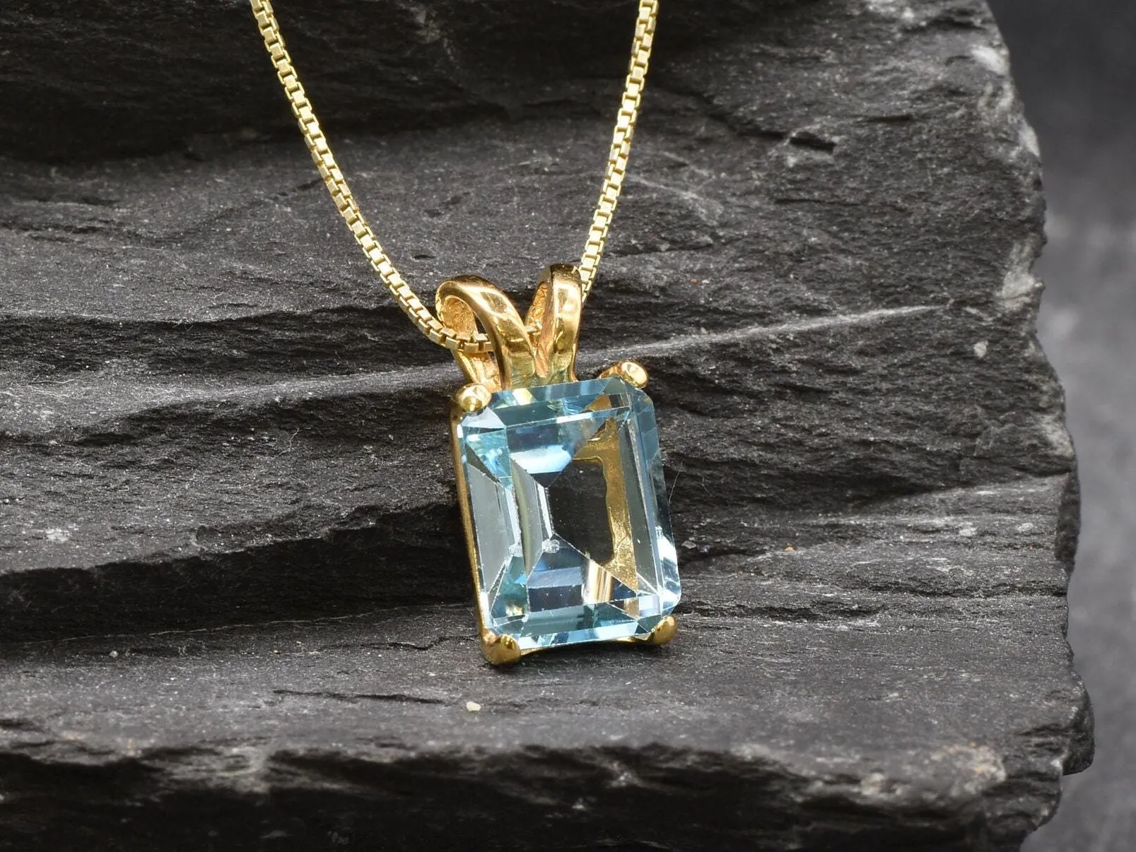 Gold Blue Topaz Pendant - Blue Solitaire Pendant, December Birthstone Necklace