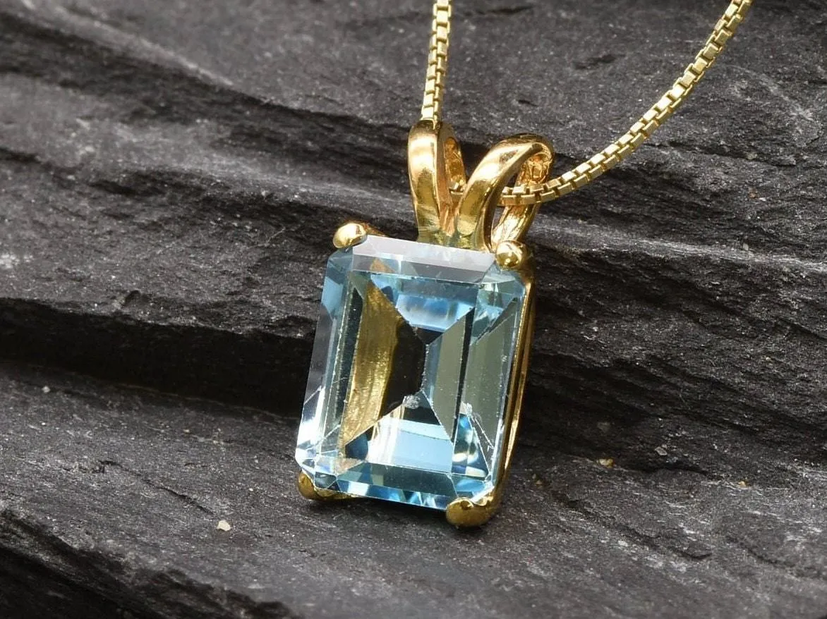 Gold Blue Topaz Pendant - Blue Solitaire Pendant, December Birthstone Necklace