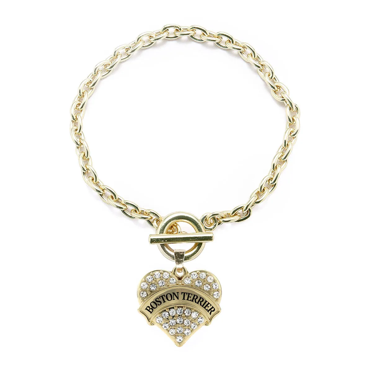 Gold Boston Terrier Pave Heart Charm Toggle Bracelet