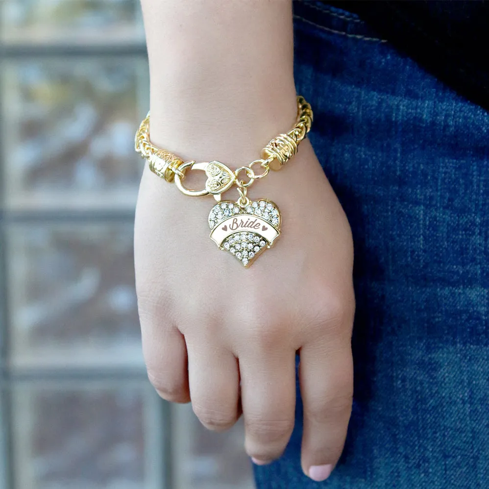 Gold Brown and White Bride Pave Heart Charm Braided Bracelet