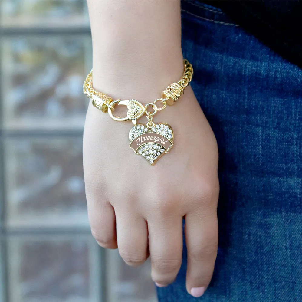 Gold Brown and White Flower Girl Pave Heart Charm Braided Bracelet