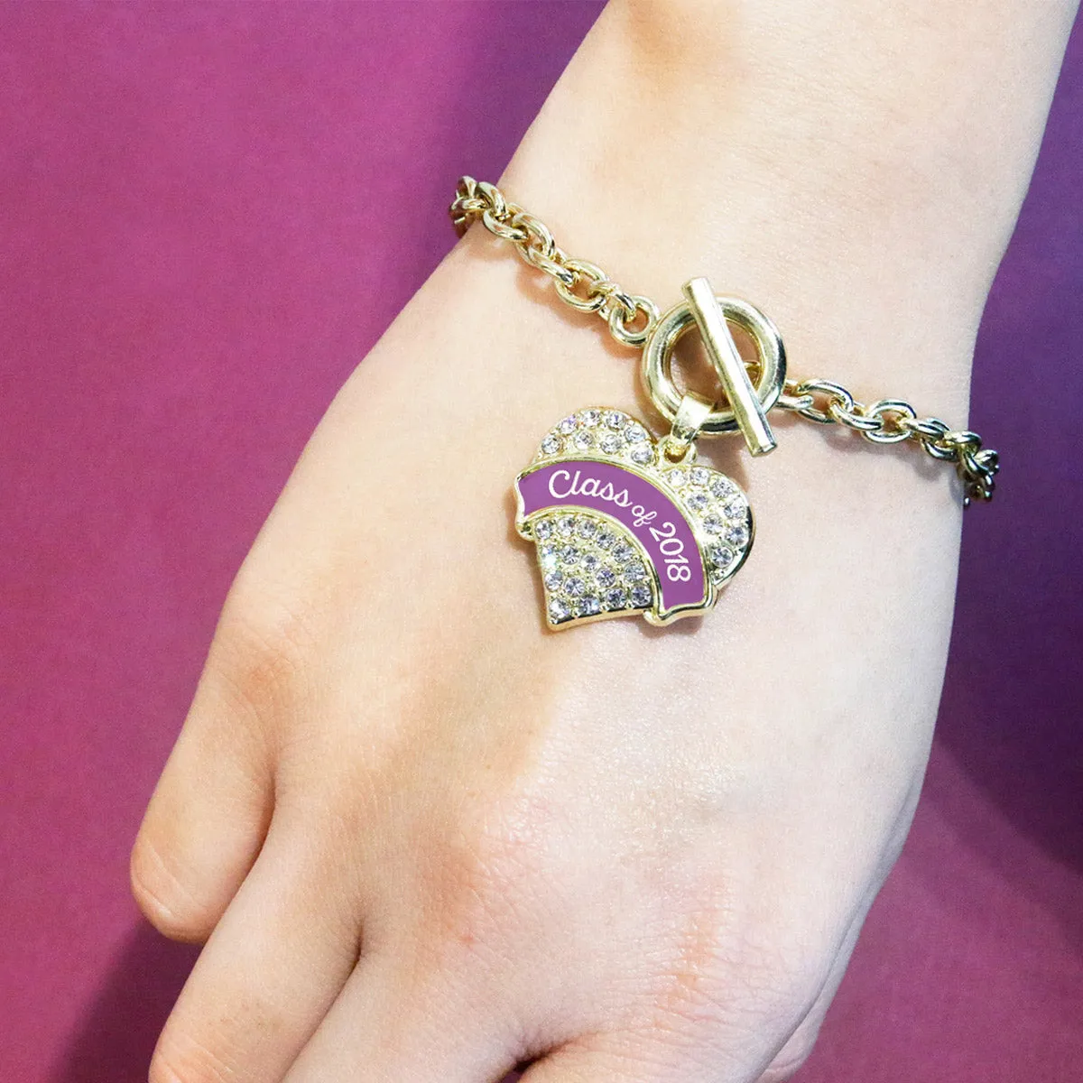 Gold Class of 2018 - Purple Pave Heart Charm Toggle Bracelet