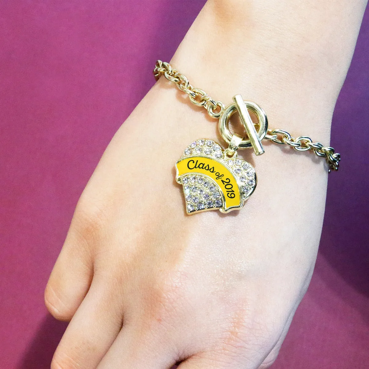 Gold Class of 2019 - Yellow Pave Heart Charm Toggle Bracelet