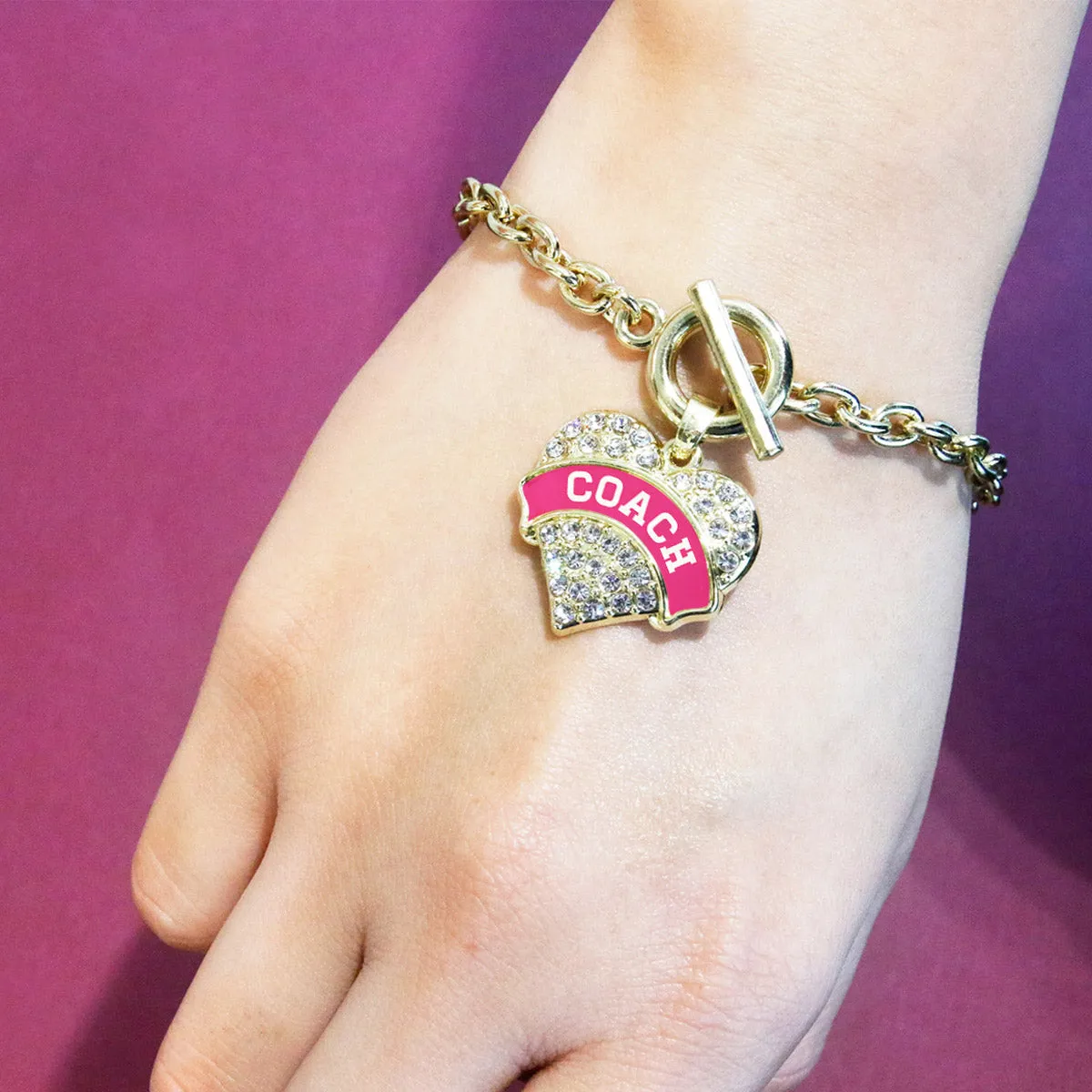 Gold Coach - Fuchsia and White Pave Heart Charm Toggle Bracelet