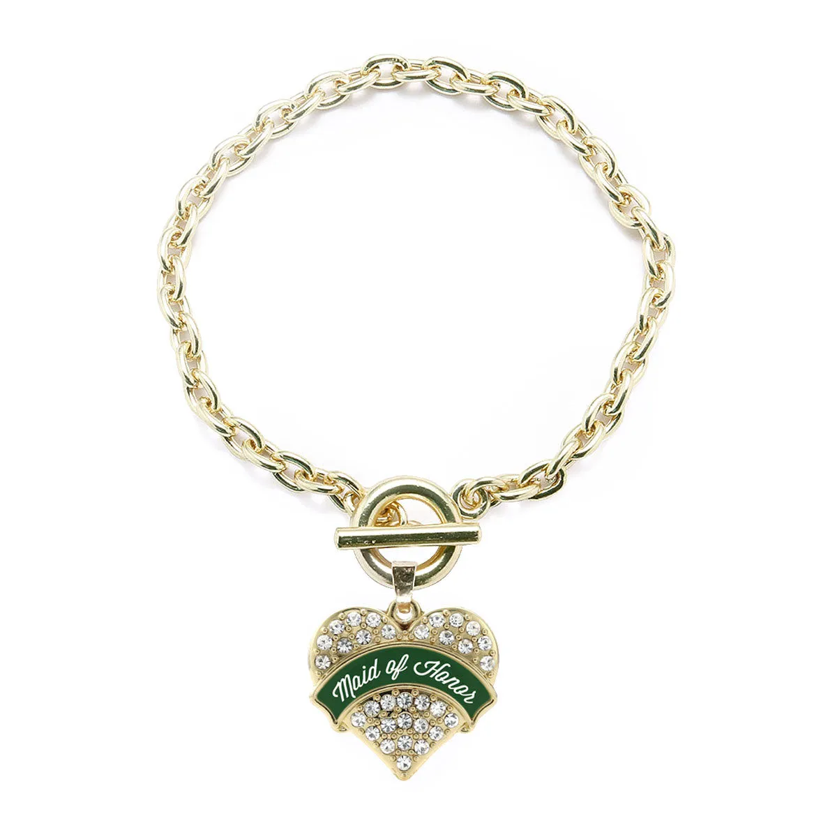 Gold Forest Green Maid of Honor Pave Heart Charm Toggle Bracelet