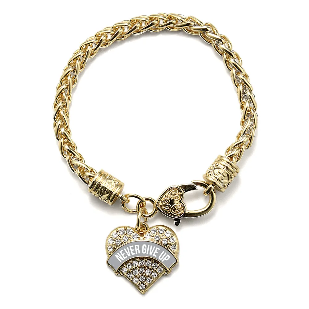 Gold Gray Banner Never GIve Up Pave Heart Charm Braided Bracelet