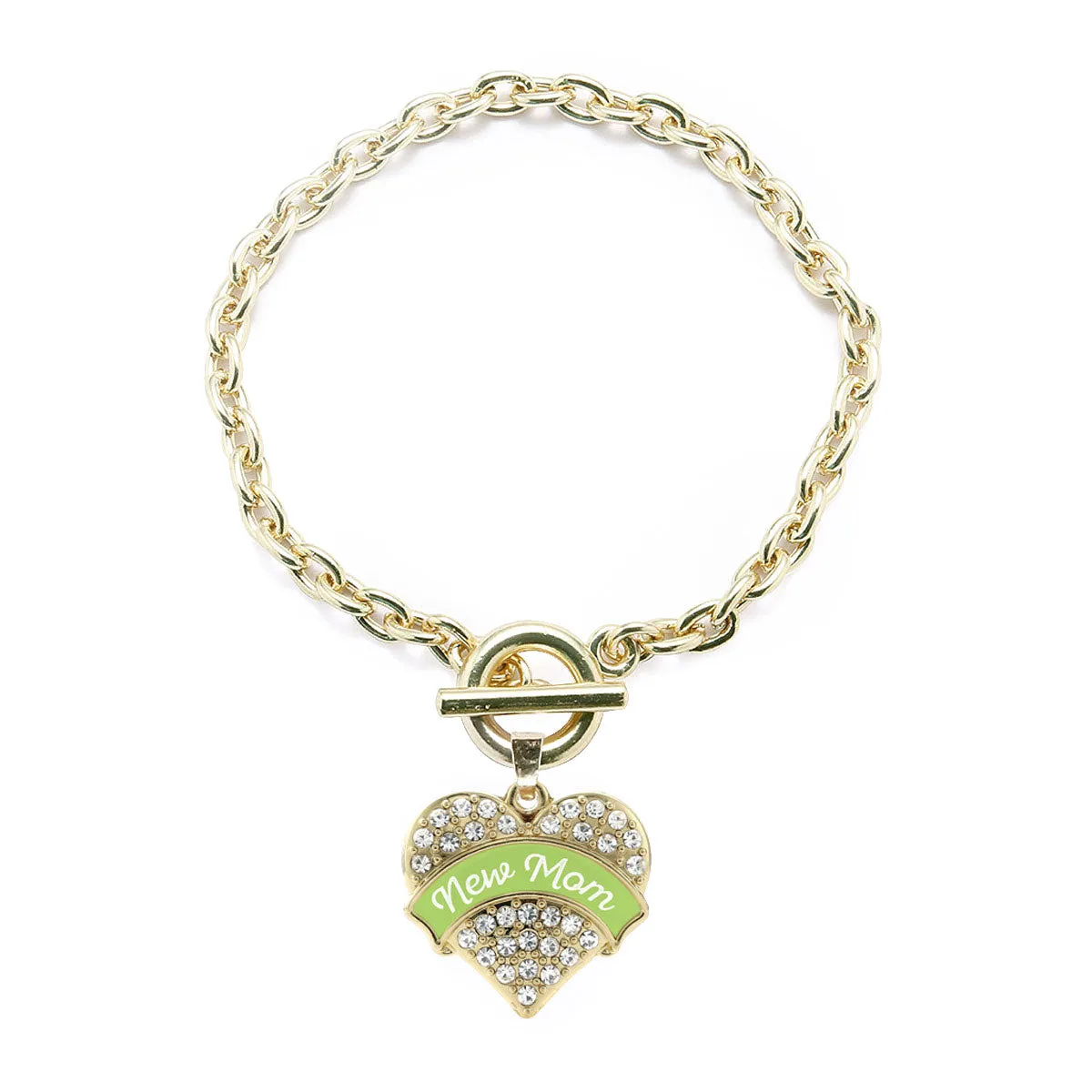 Gold Green New Mom Pave Heart Charm Toggle Bracelet