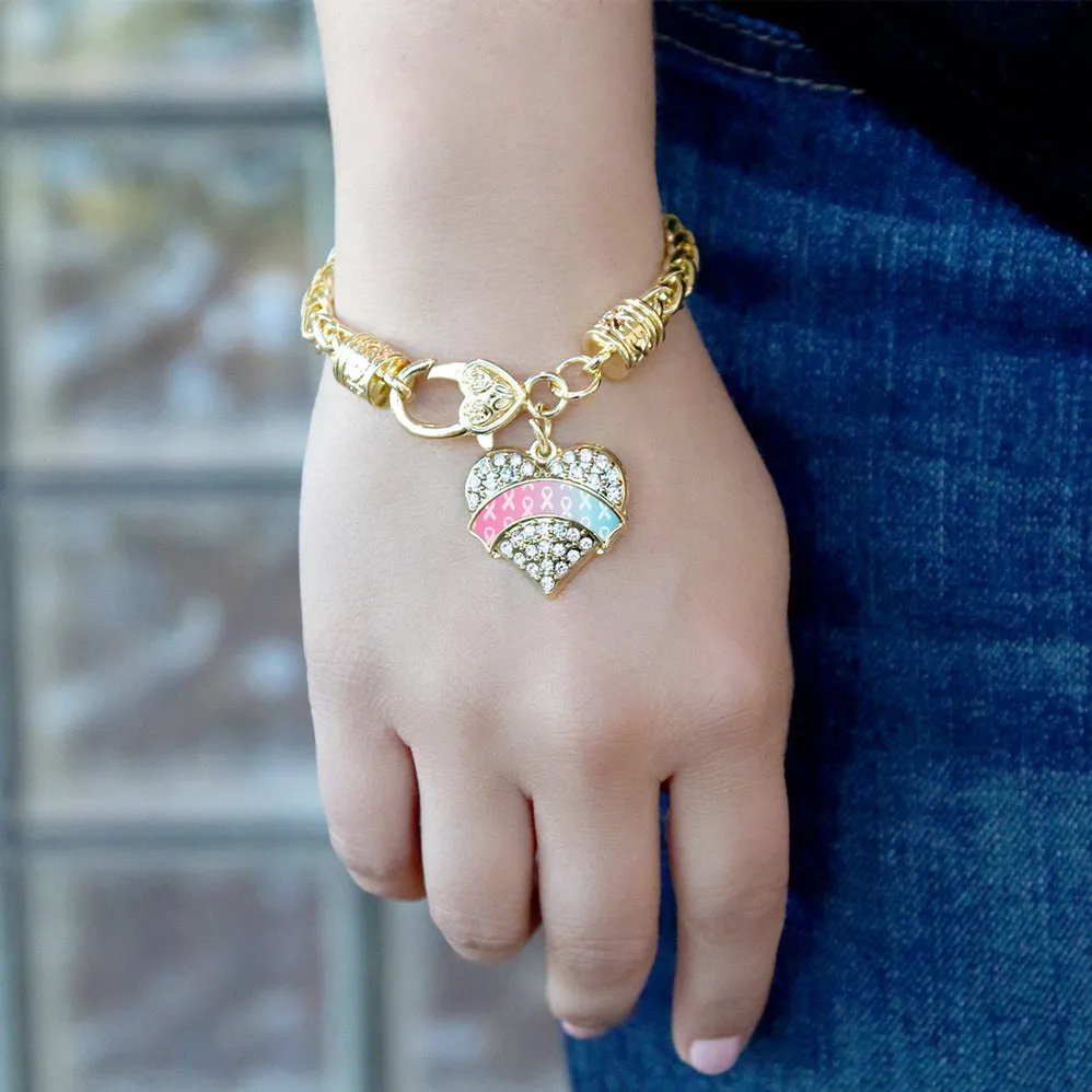 Gold Light Blue & Light Pink Ribbon Support Pave Heart Charm Braided Bracelet