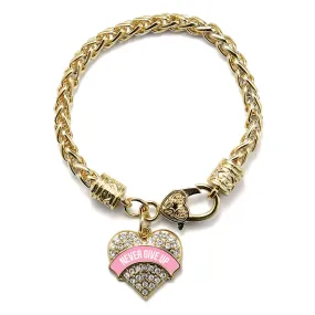 Gold Never Give Up Pink Breast Cancer Support Pave Heart Charm Braided Bracelet