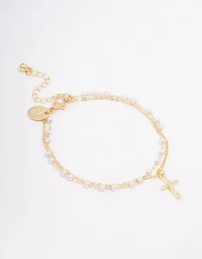 Gold Plated Diamante & Pearl Layered Bracelet