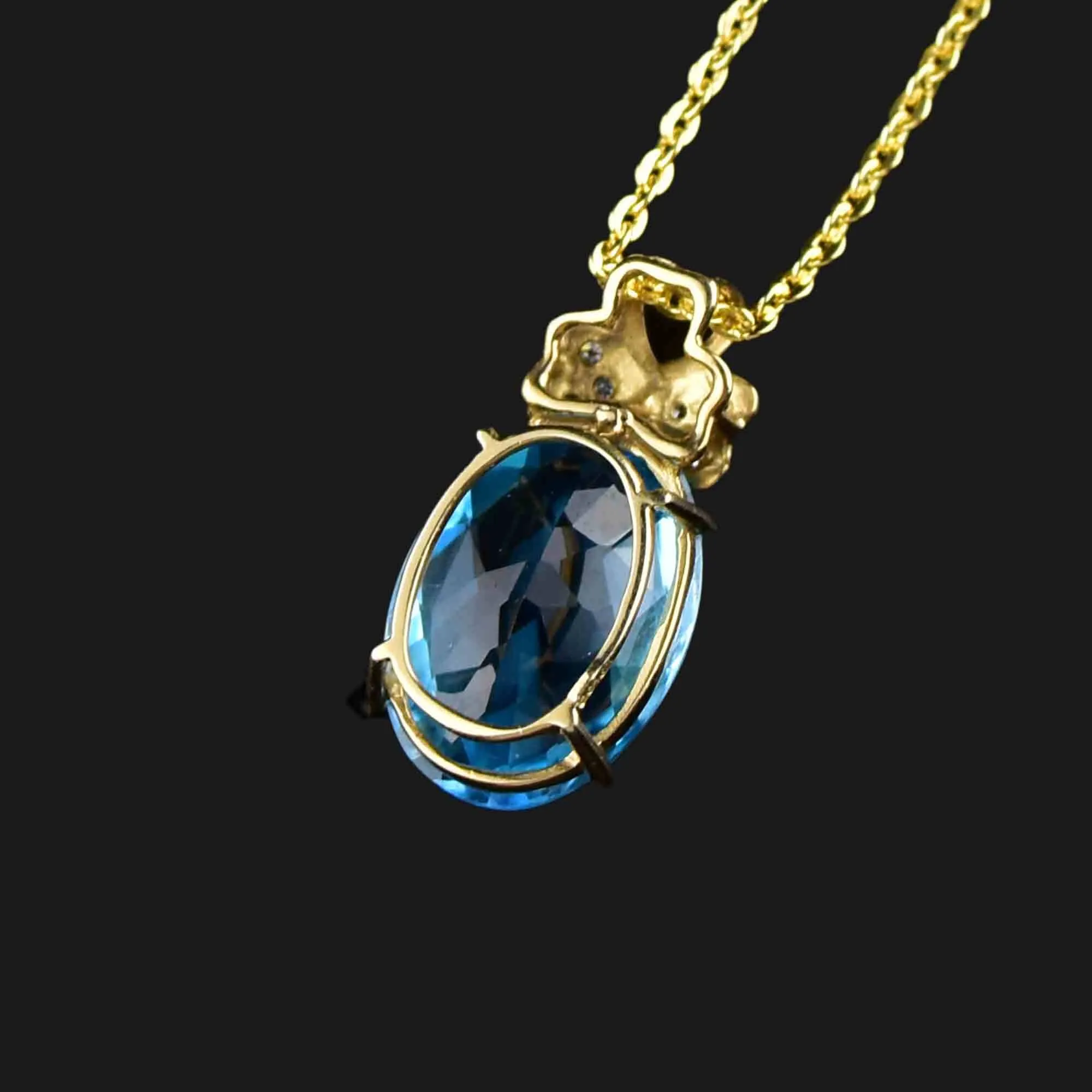 Gold Three Leaf Clover Diamond Blue Topaz Pendant Necklace