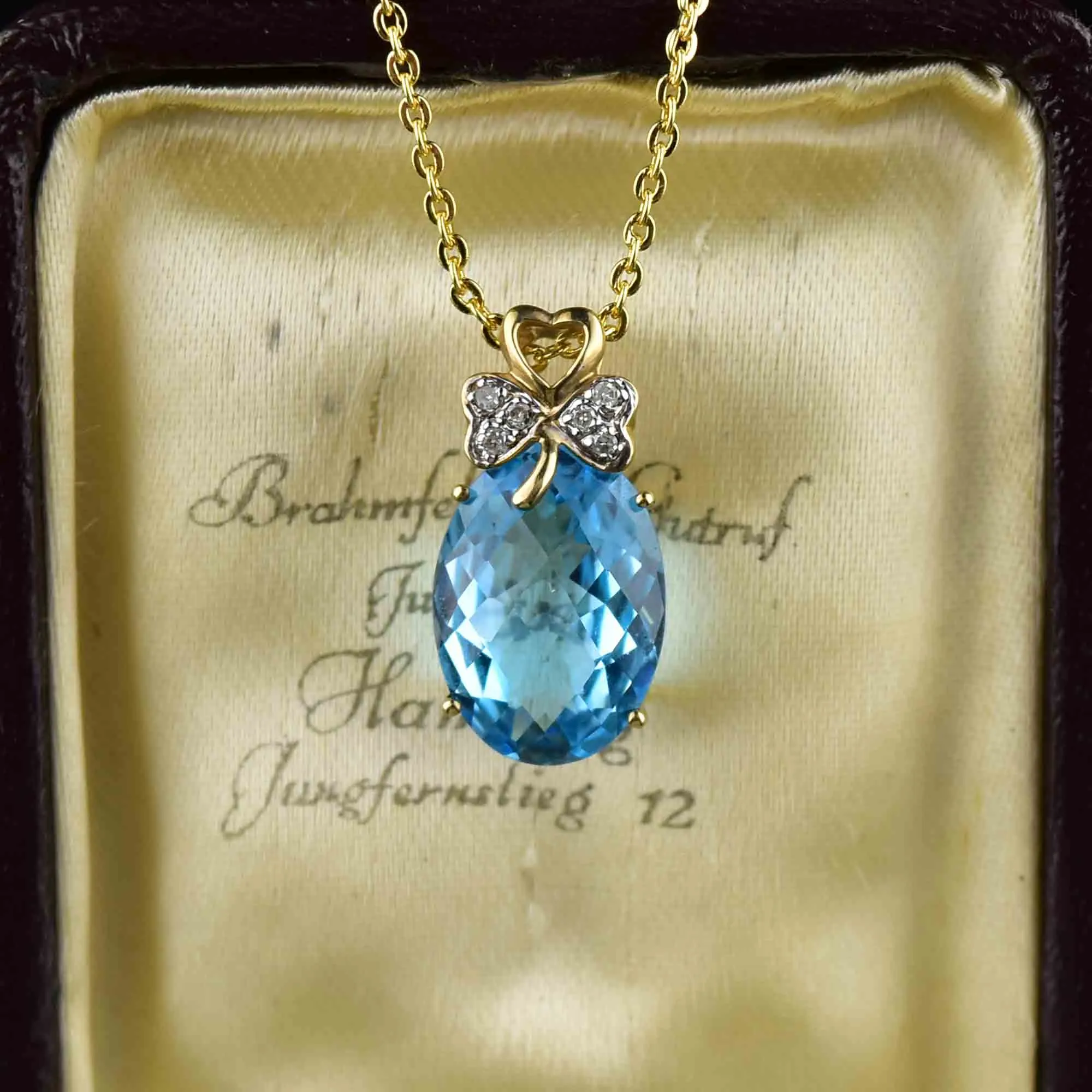 Gold Three Leaf Clover Diamond Blue Topaz Pendant Necklace