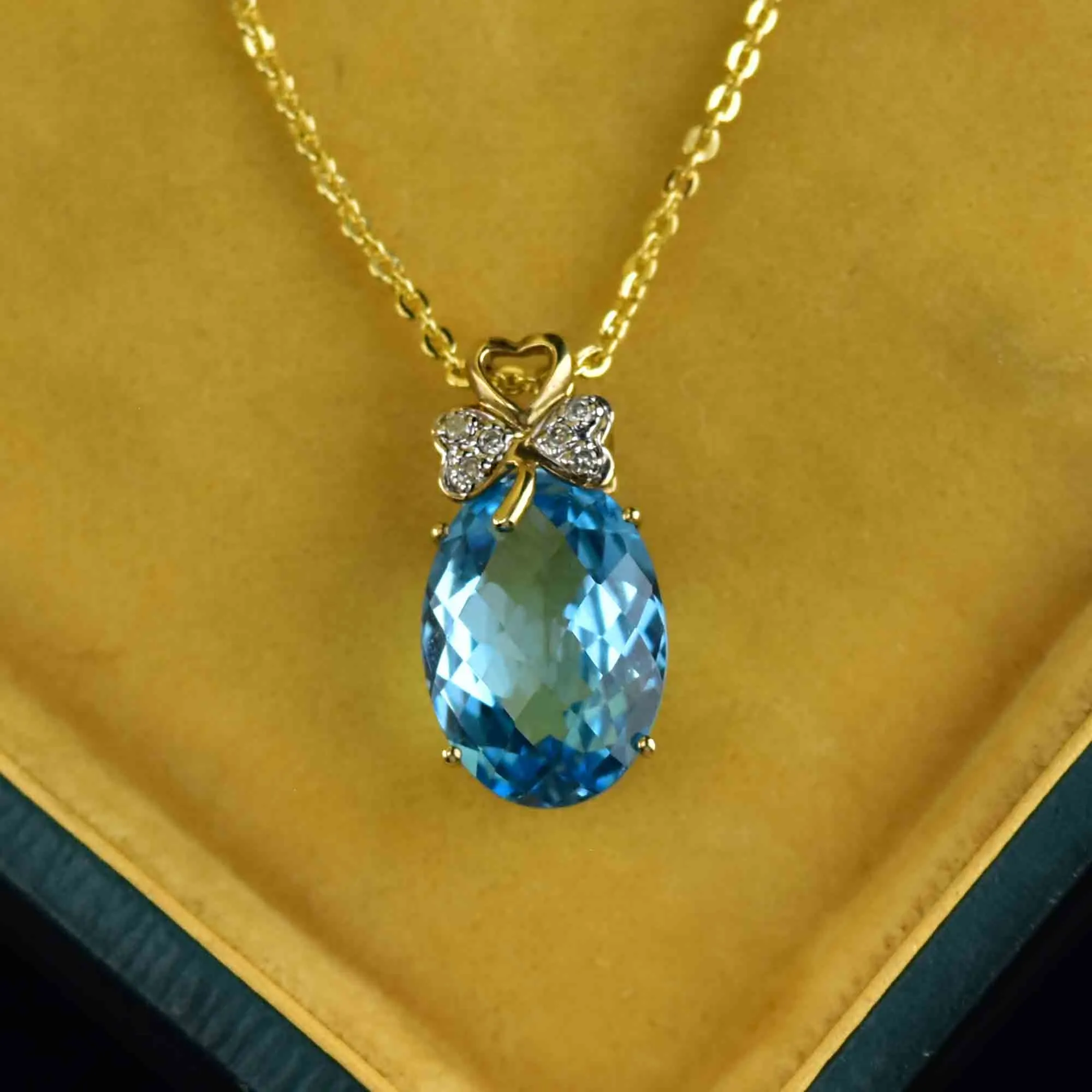 Gold Three Leaf Clover Diamond Blue Topaz Pendant Necklace