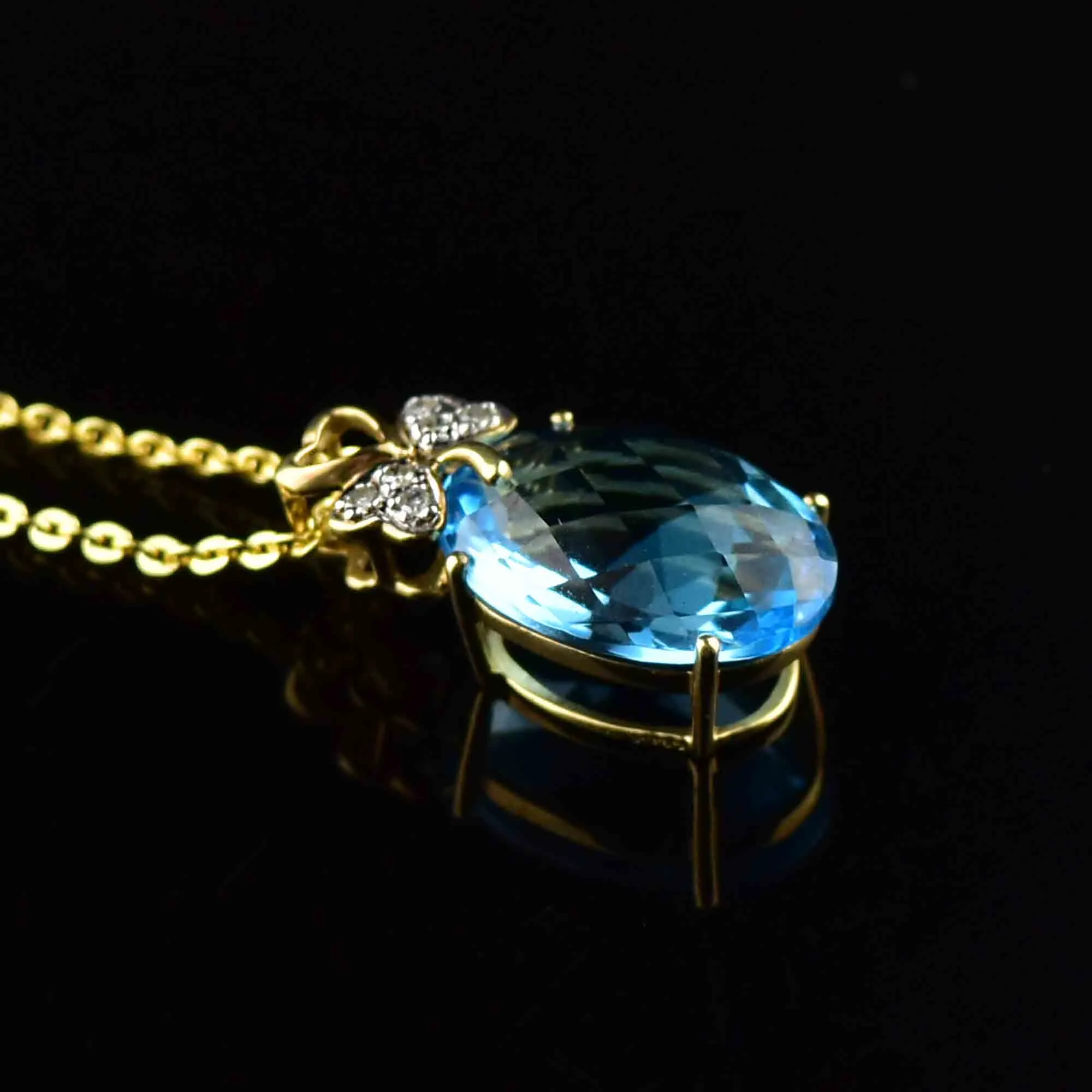 Gold Three Leaf Clover Diamond Blue Topaz Pendant Necklace