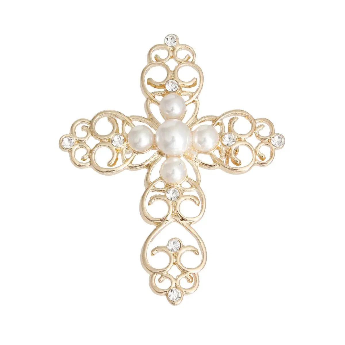 Gold Tone Filigree Cream Faux Pearl Cross Brooch Pin