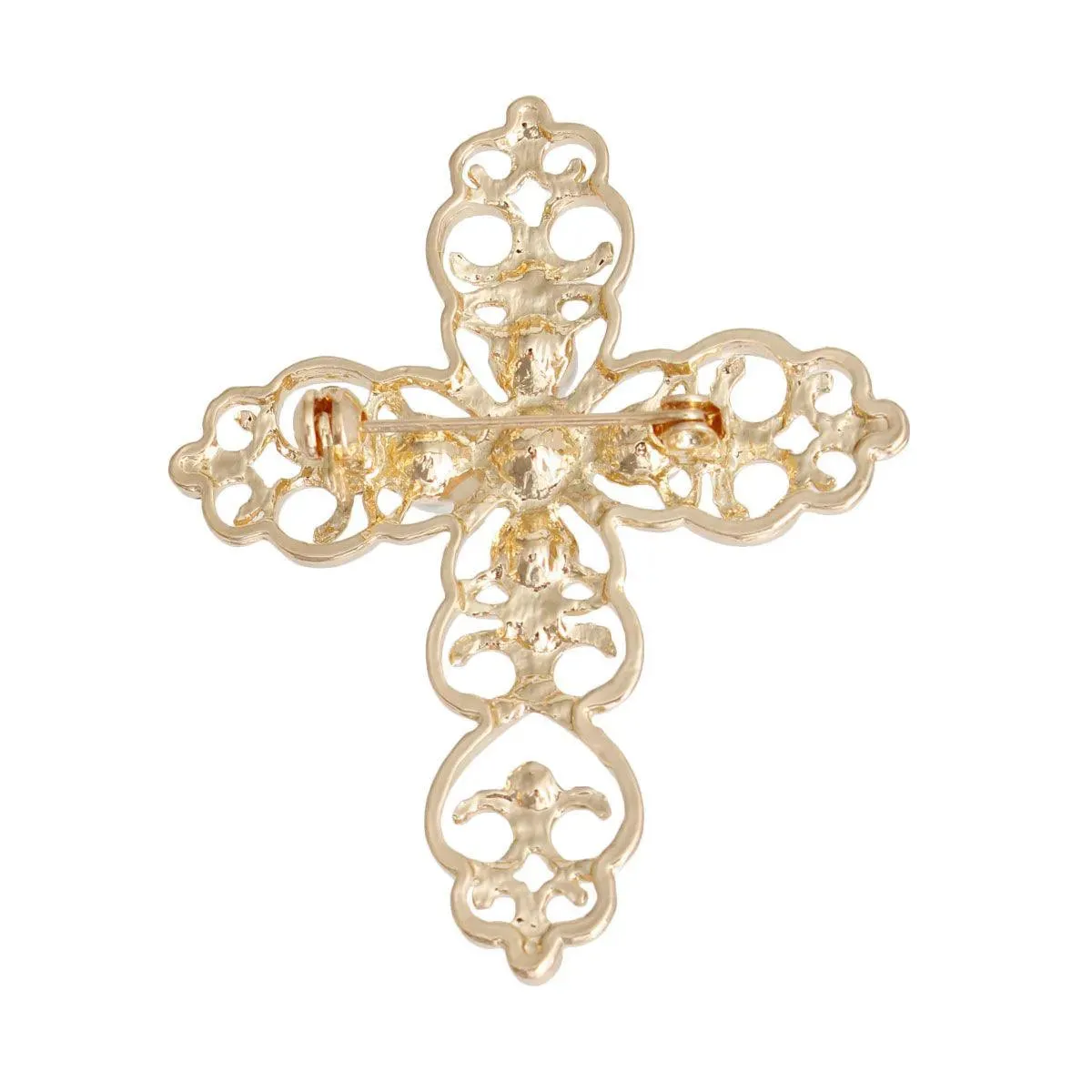 Gold Tone Filigree Cream Faux Pearl Cross Brooch Pin