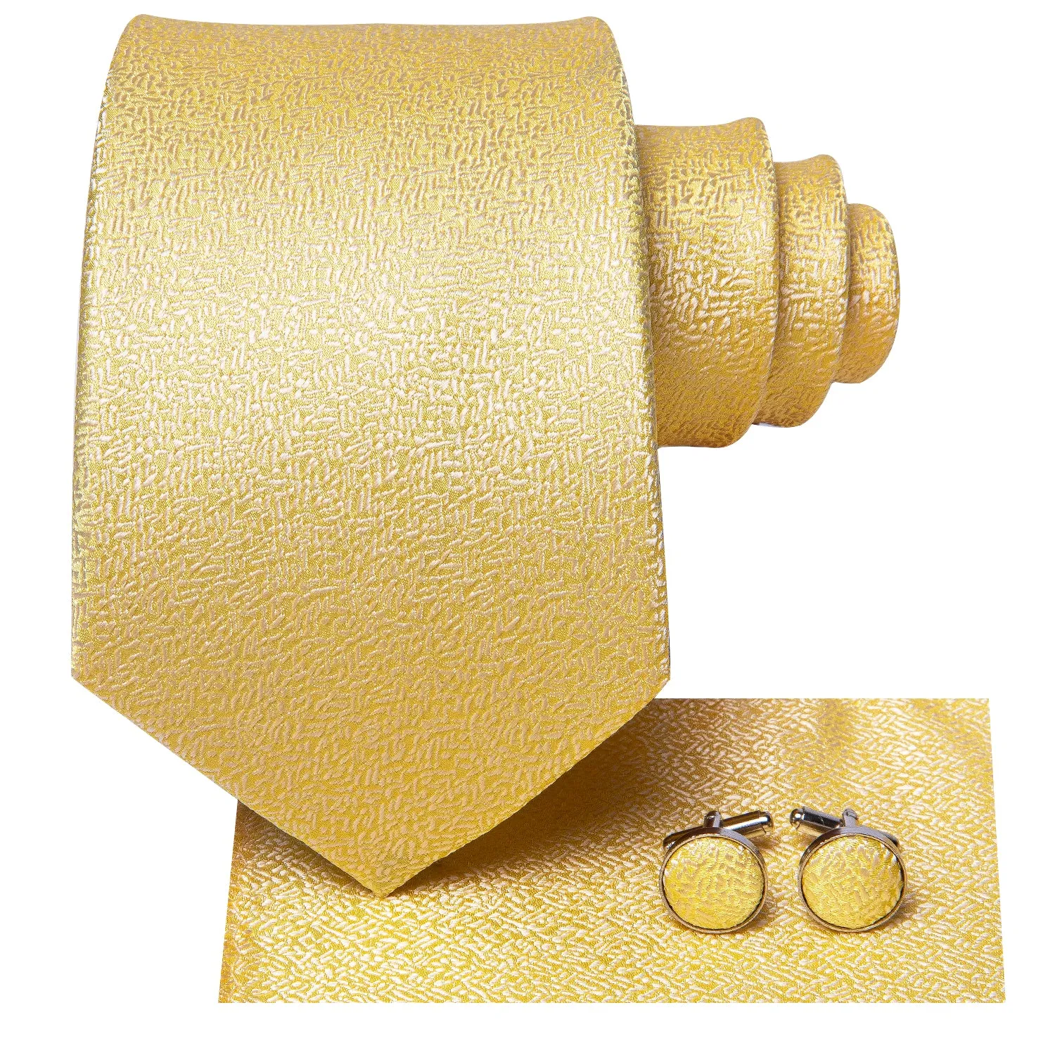 Golden Solid Tie Handkerchief Cufflinks Set with Wedding Brooch