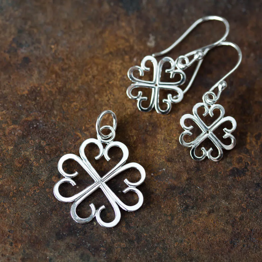 Good Luck Pendant, Small Four Leaf Clover Made of Silver Hearts