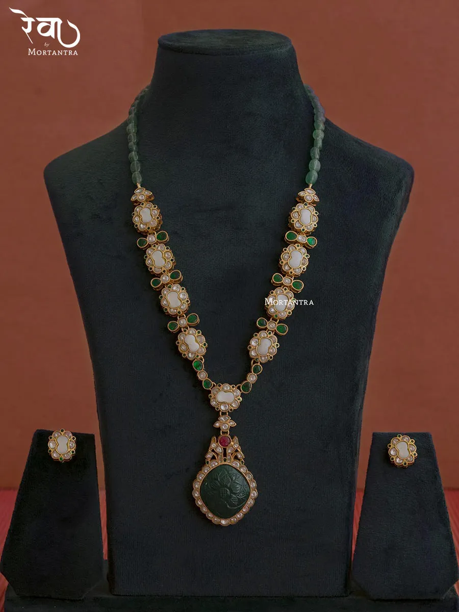 Green Color Gold Plated Jadau Kundan Necklace Set - MO-S22M