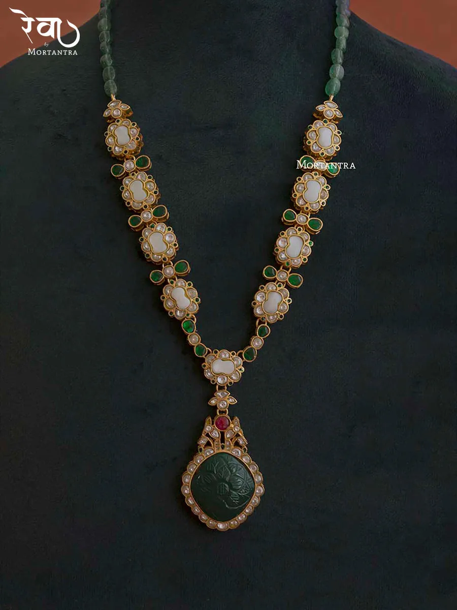 Green Color Gold Plated Jadau Kundan Necklace Set - MO-S22M