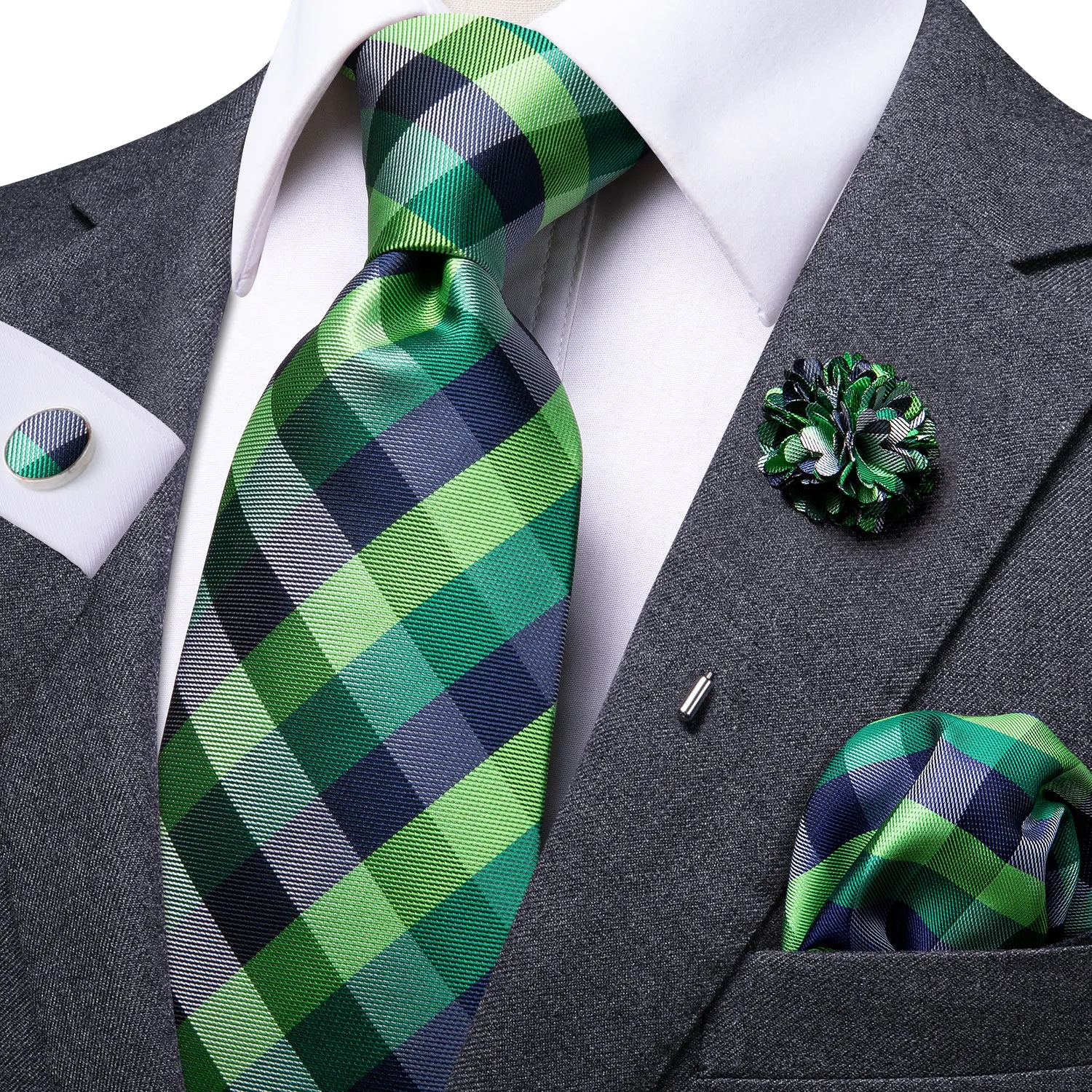 Green Plaid Silk Men's Tie Pocket Square Cufflinks Set with Brooch