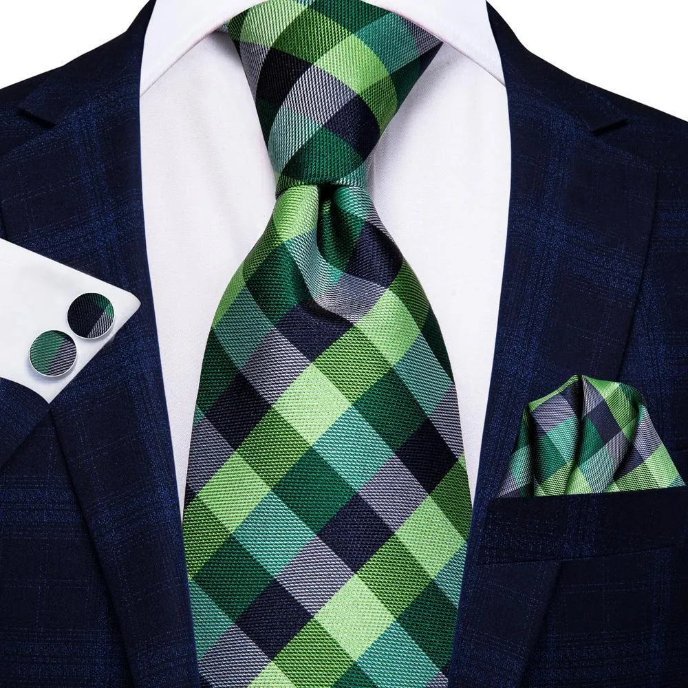 Green Plaid Silk Men's Tie Pocket Square Cufflinks Set with Brooch