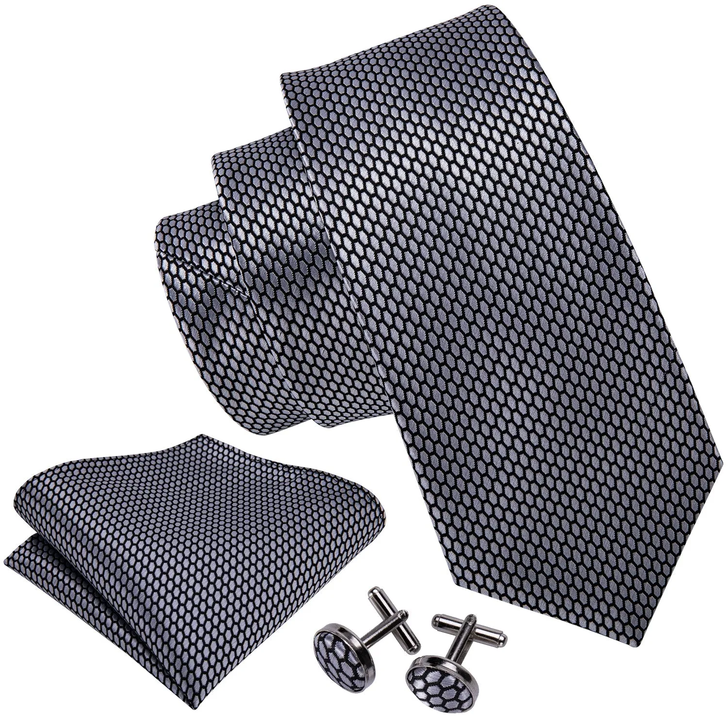 Grey Geometric Plaid Tie Handkerchief Cufflinks Set with Wedding Brooch