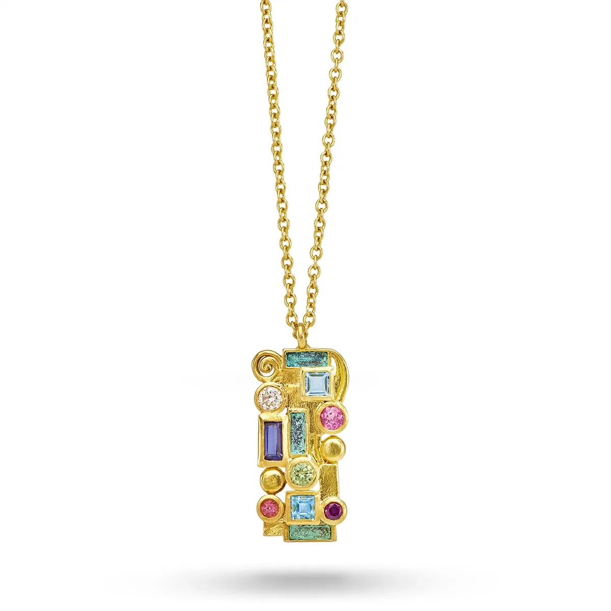 Gurhan 22K Yellow Gold Vertical Rectangle Pendant Necklace with Mixed Stones