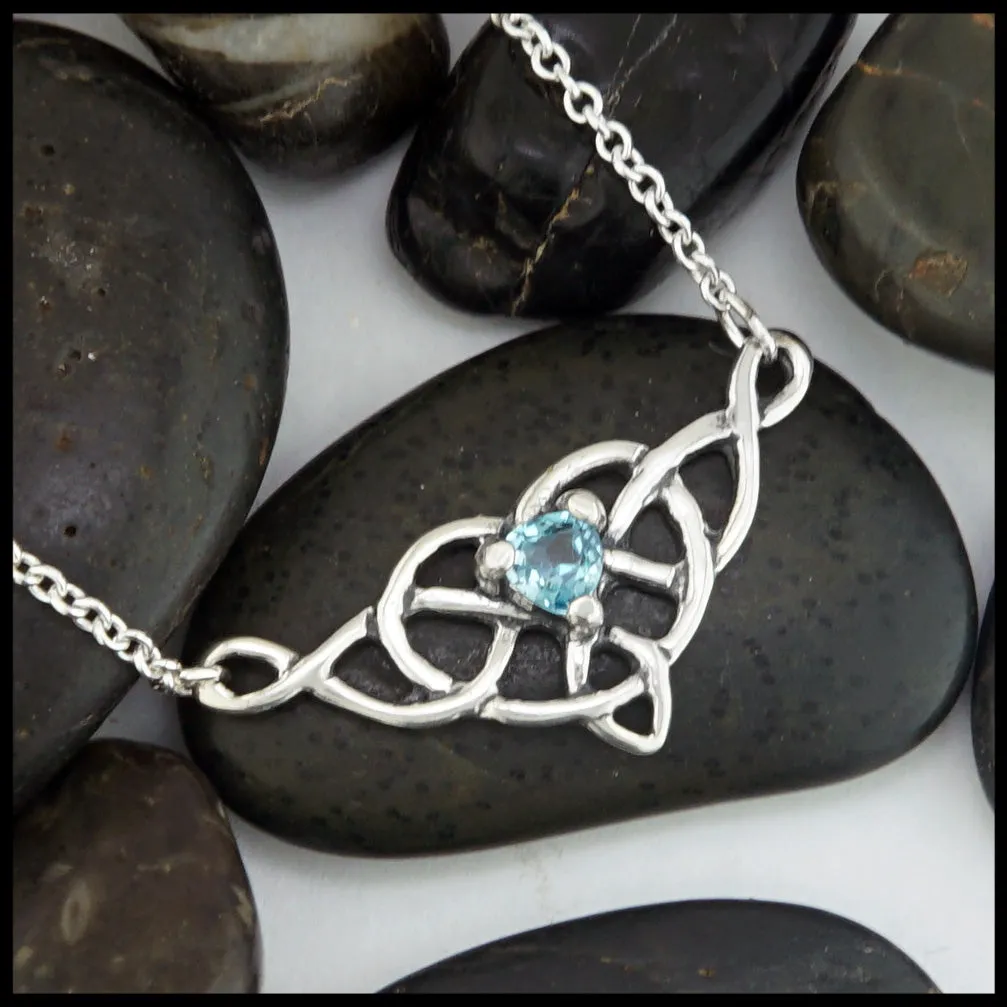 Heart Knot Bar Necklace with Blue Topaz