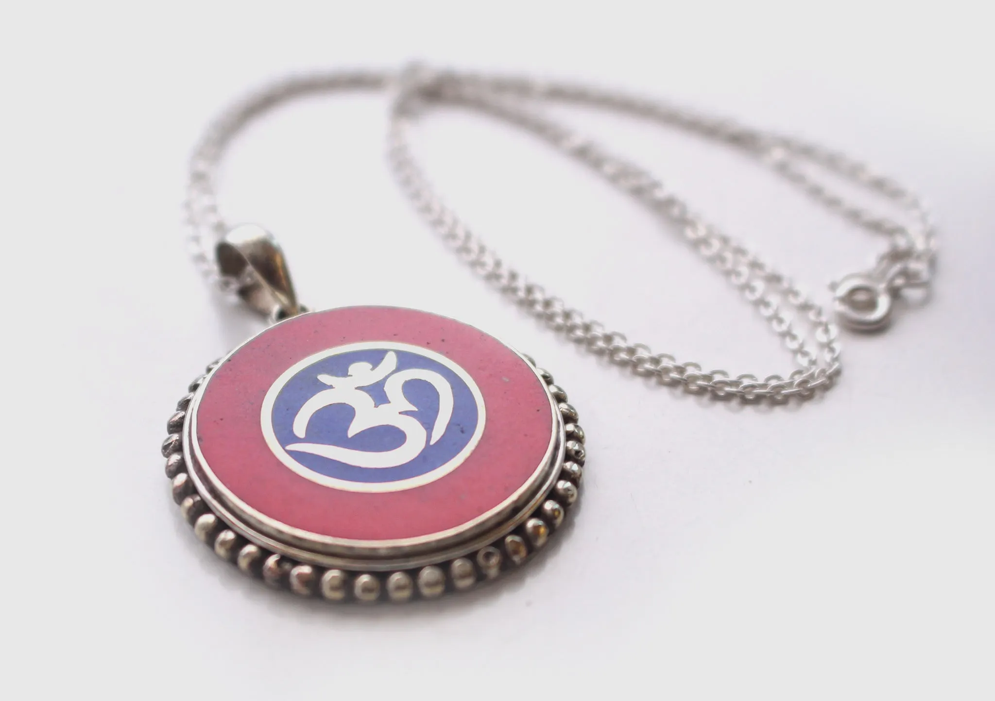 Hindu Om and Kalachakra White Metal Tibetan Pendant