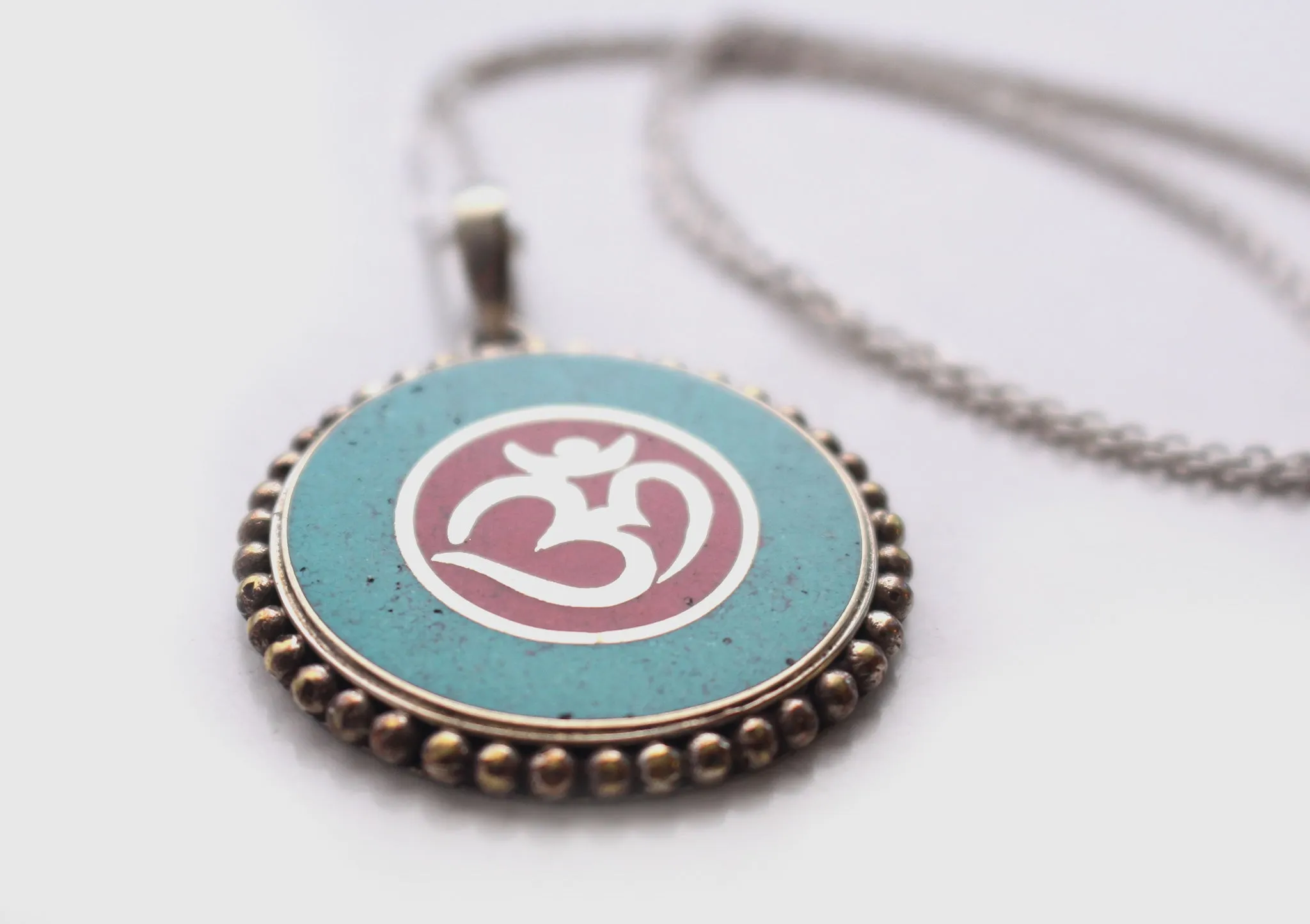 Hindu Om and Kalachakra White Metal Tibetan Pendant