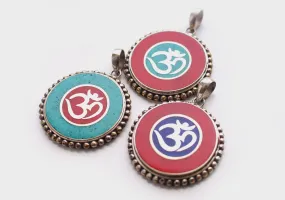 Hindu Om and Kalachakra White Metal Tibetan Pendant