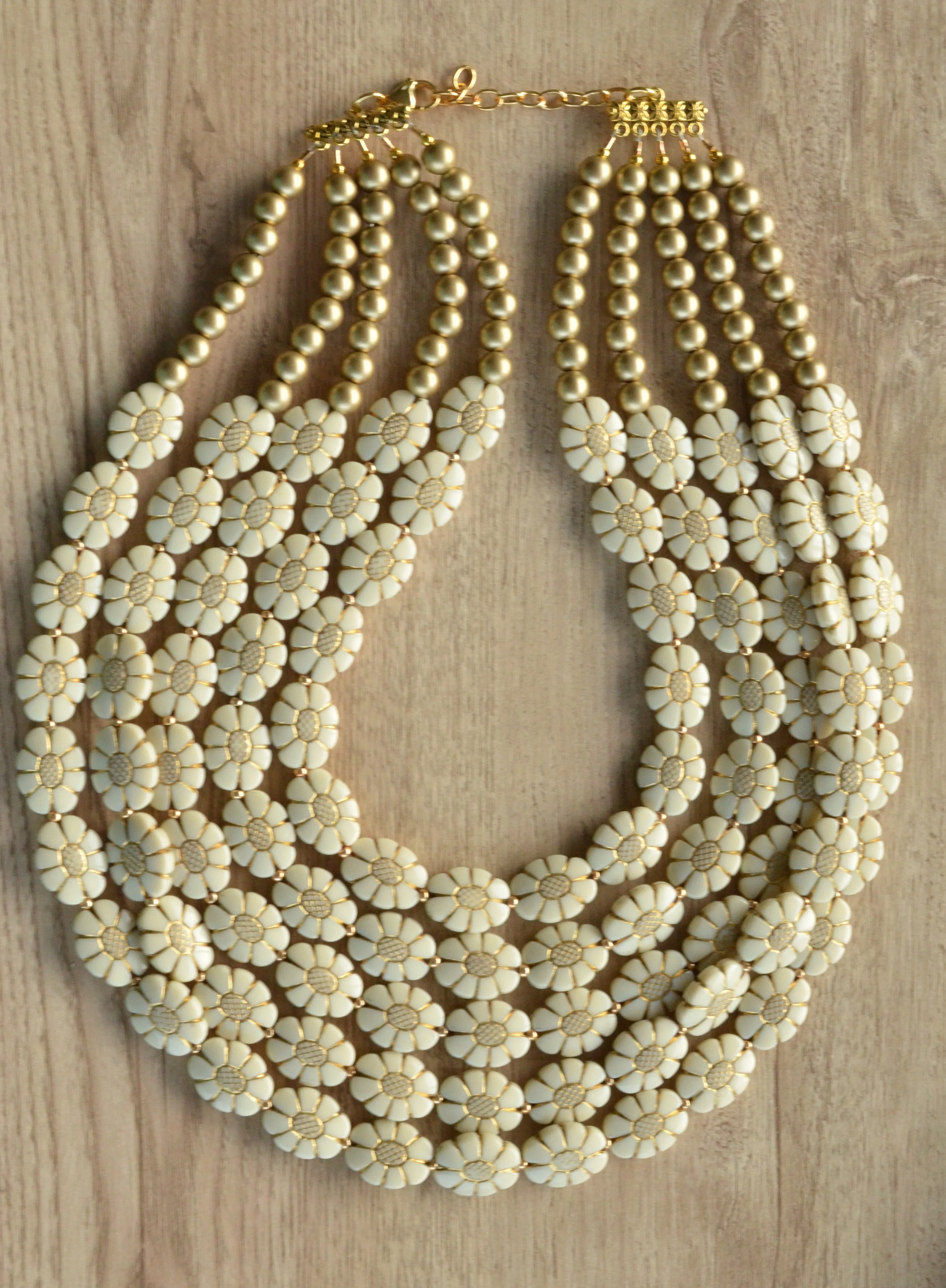 Ivory Gold Flower Lucite Acrylic Beaded Multi Strand Statement Necklace - Ginny