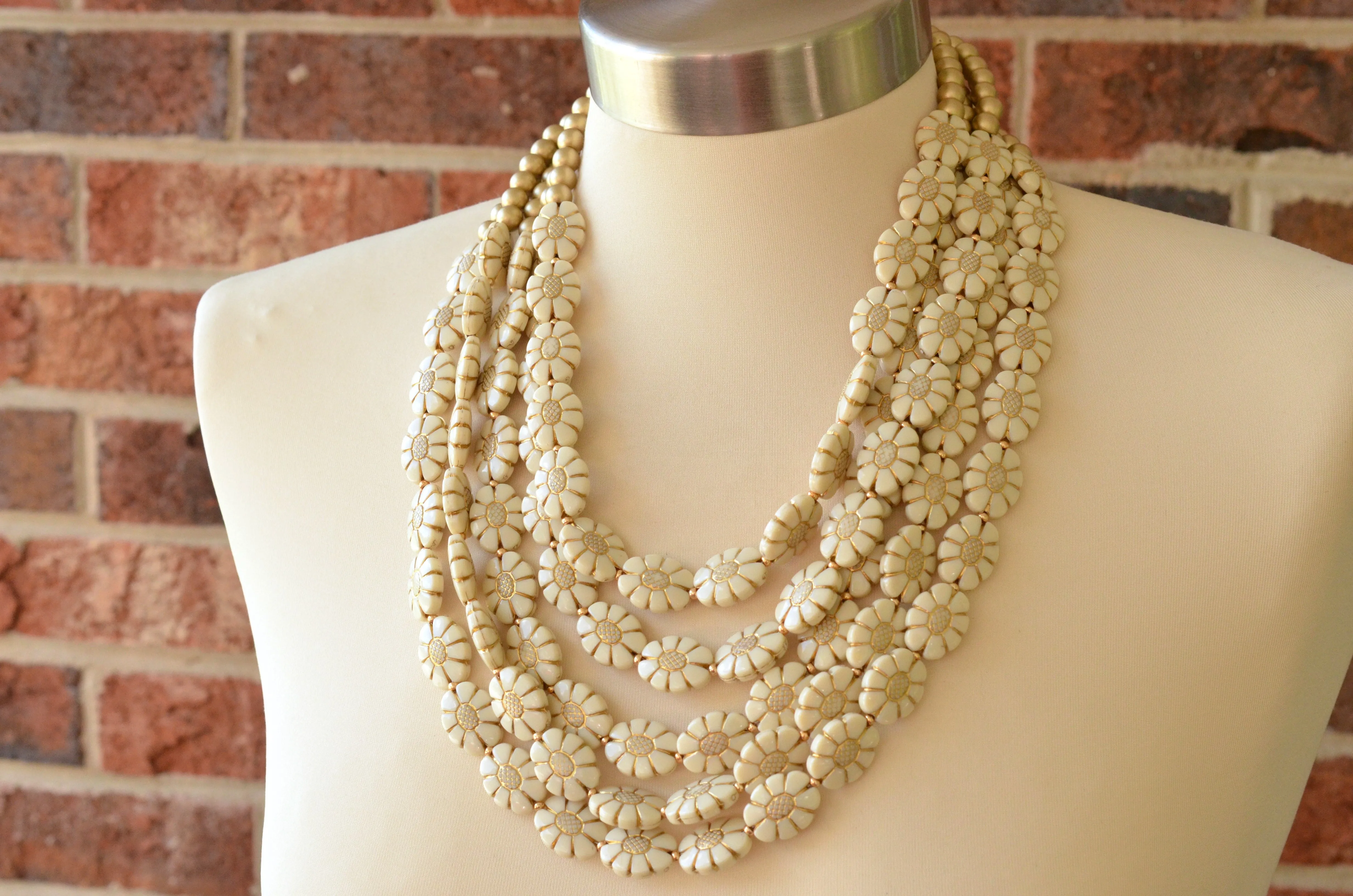 Ivory Gold Flower Lucite Acrylic Beaded Multi Strand Statement Necklace - Ginny