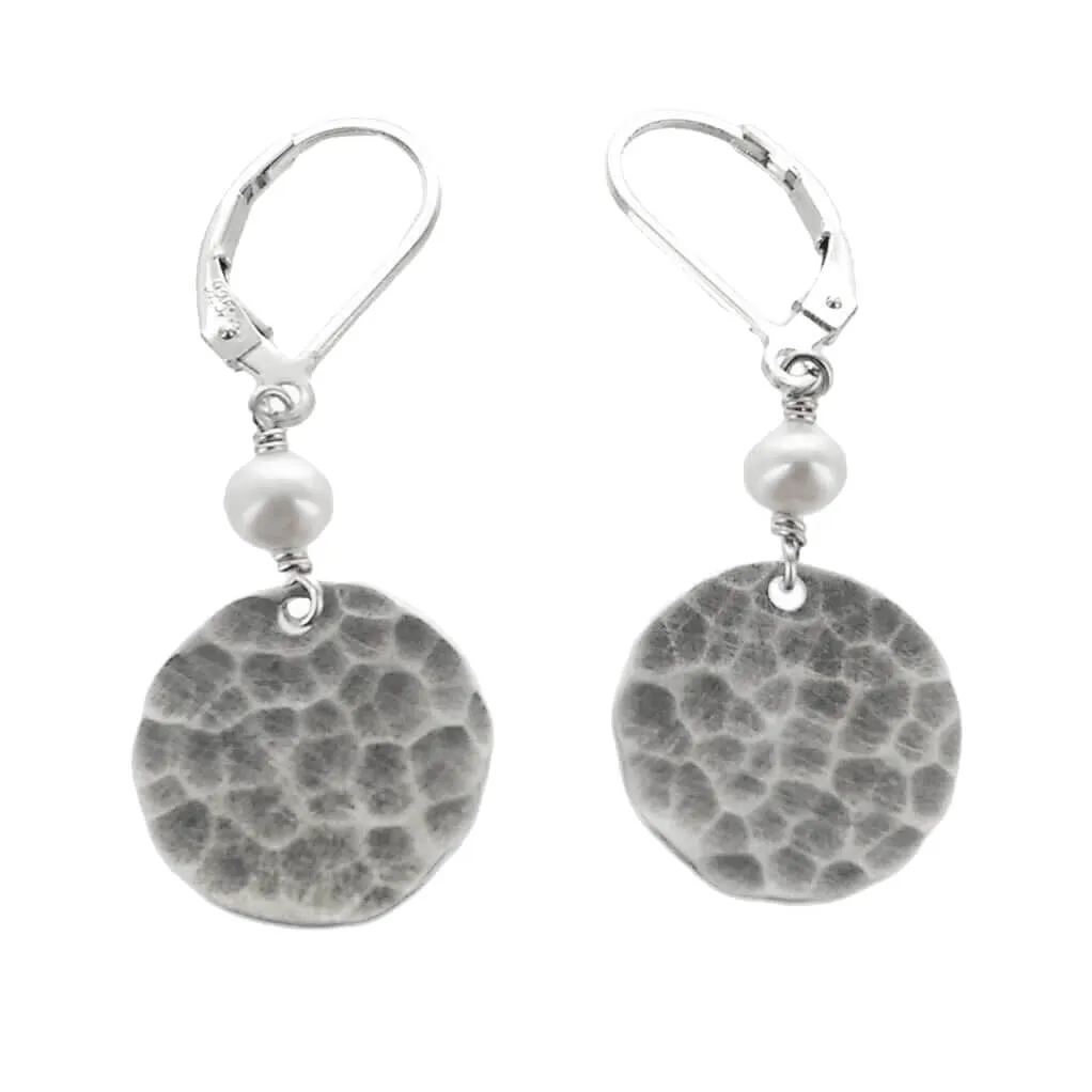 J & I Hammered Disc Pearl Drop Earrings