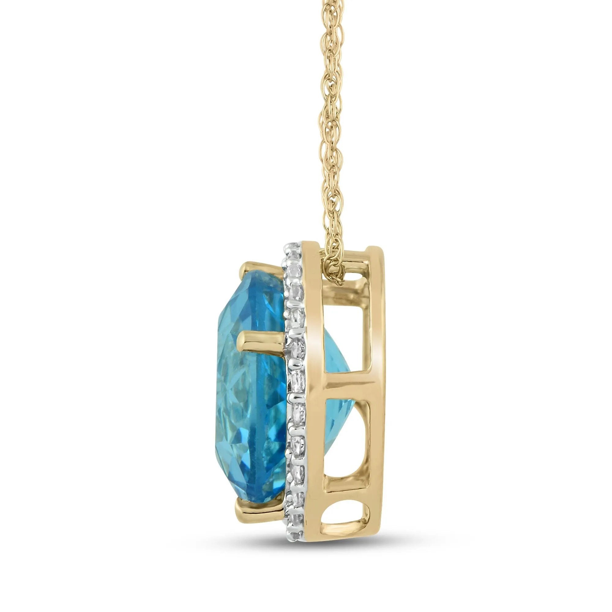 Jewelili 10K Yellow Gold With Round Swiss Blue Topaz and Created White Sapphire Halo Pendant Necklace