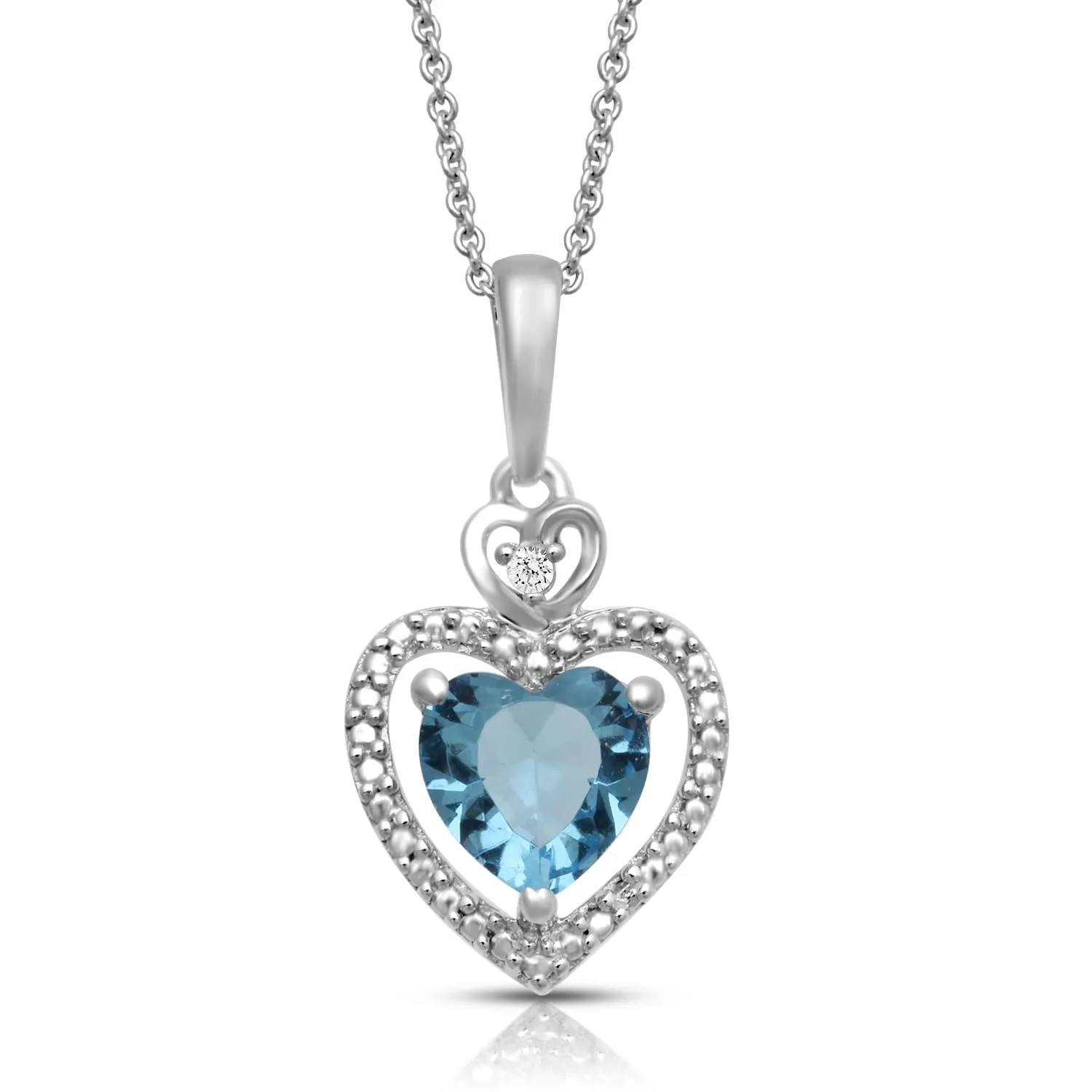 Jewelili Sterling Silver With Heart Swiss Blue Topaz and Round Cubic Zirconia Ring, Earrings and Pendant Necklace Jewelry Set