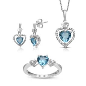 Jewelili Sterling Silver With Heart Swiss Blue Topaz and Round Cubic Zirconia Ring, Earrings and Pendant Necklace Jewelry Set